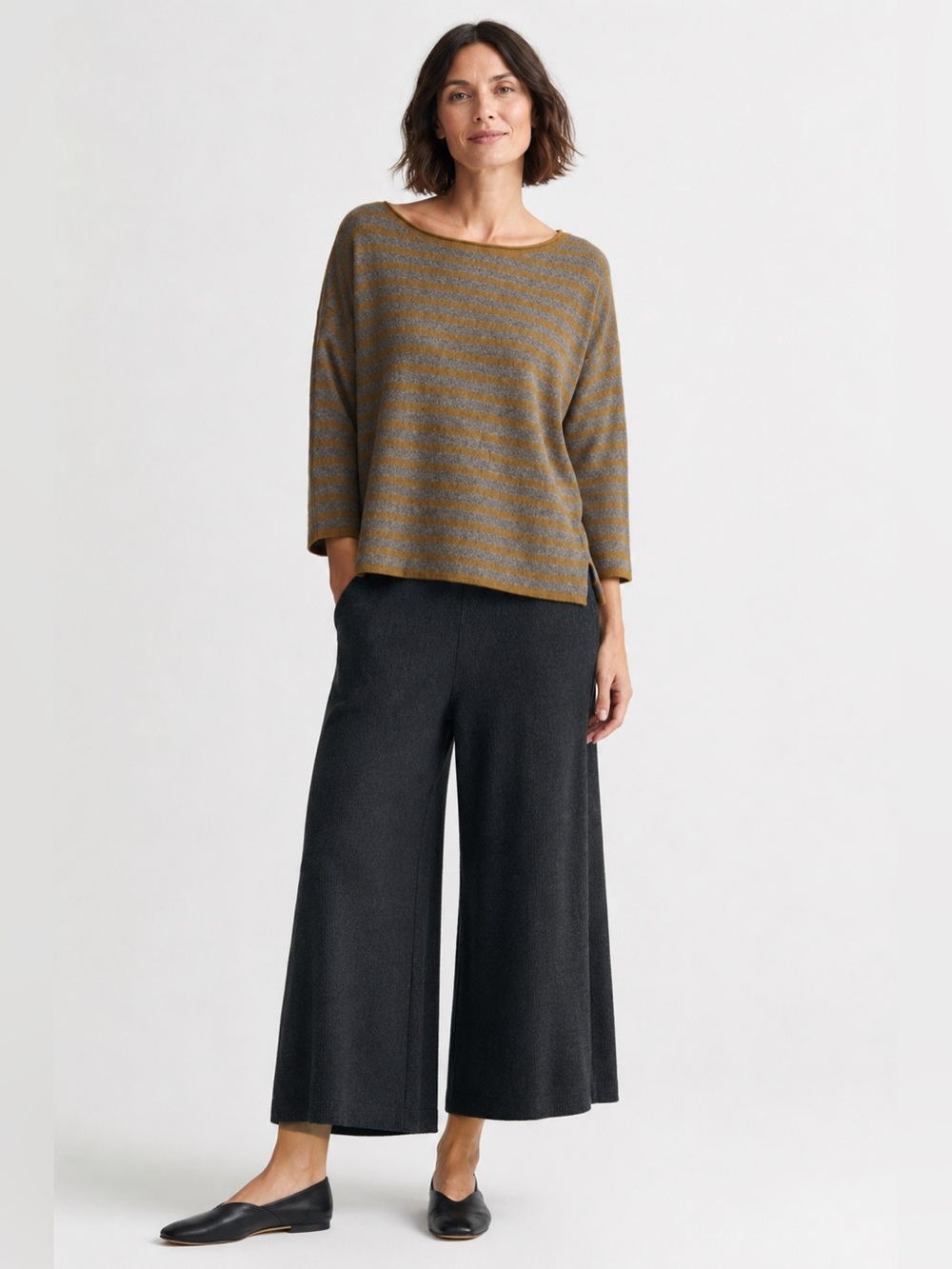 Eileen Fisher Sweater Yak & Merino Bateau Neck Boxy Striped Lagenlook minimalist
